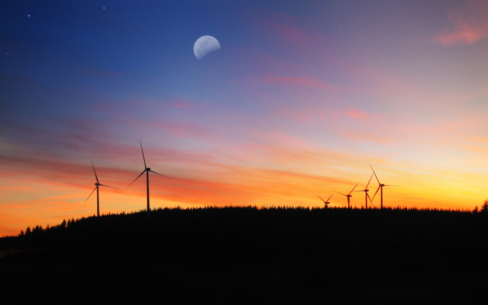 Sunset Moon Wind Farm Silhouette Sky 1680x1050