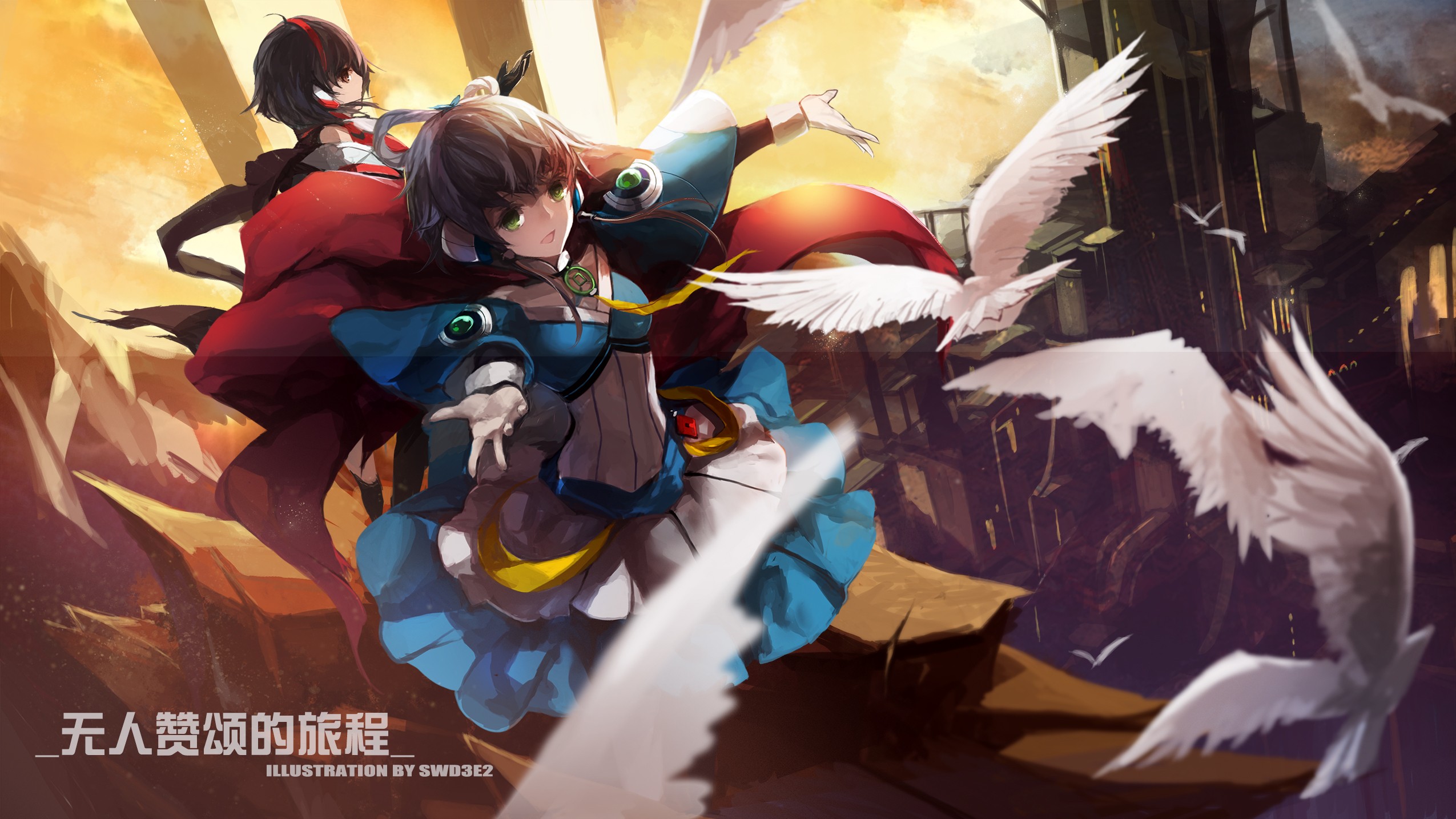 Swd3e2 Anime Girls Vocaloid Luo Tianyi Yuezheng Ling Black Hair Brown Eyes Birds Dress Gloves Gray H 2550x1434