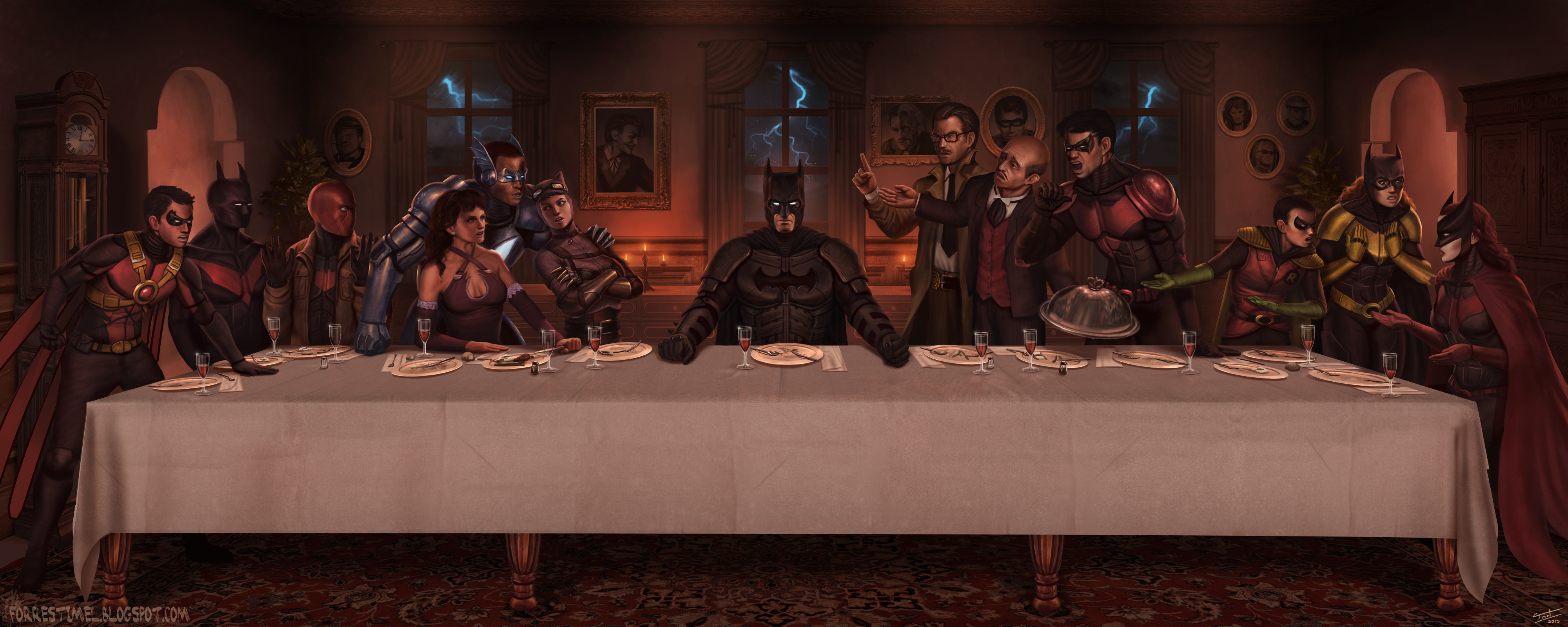 DC Comics Robin Character Batman Catwoman Nightwing Red Hood The Last Supper Artwork 4000x1600