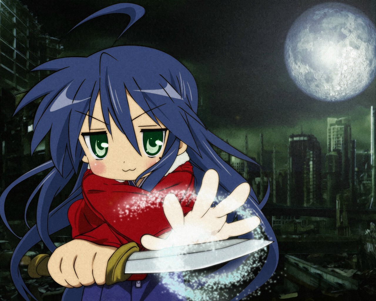 Anime Girls Lucky Star Izumi Konata Anime Moon Knives Blue Hair 1280x1024