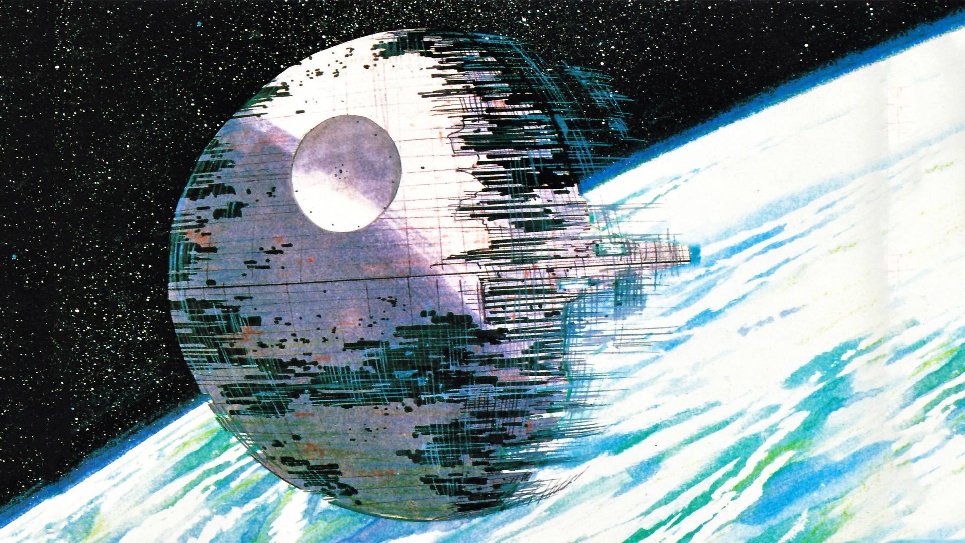 Star Wars Death Star Artwork Wireframe Ralph McQuarrie Space Movies Earth Star Wars Return Of The Je 1920x1080
