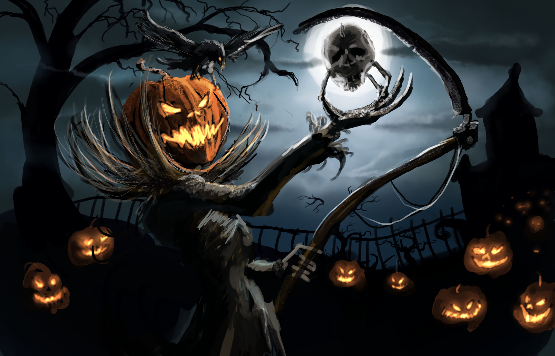 Holiday Halloween Jack O Lantern Pumpkin Monster Raven Night 1920x1234
