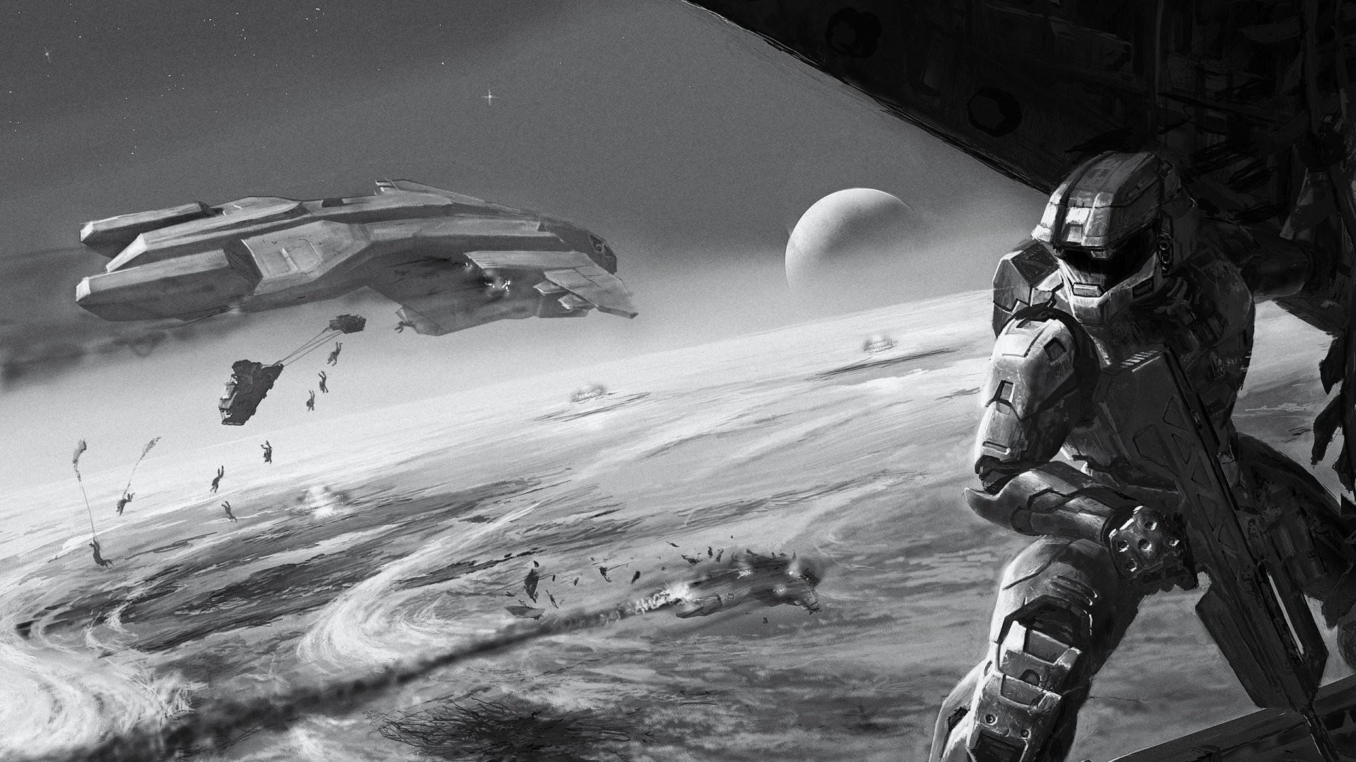 Video Games Space Halo Wars Monochrome Spaceship Planet 1920x1080