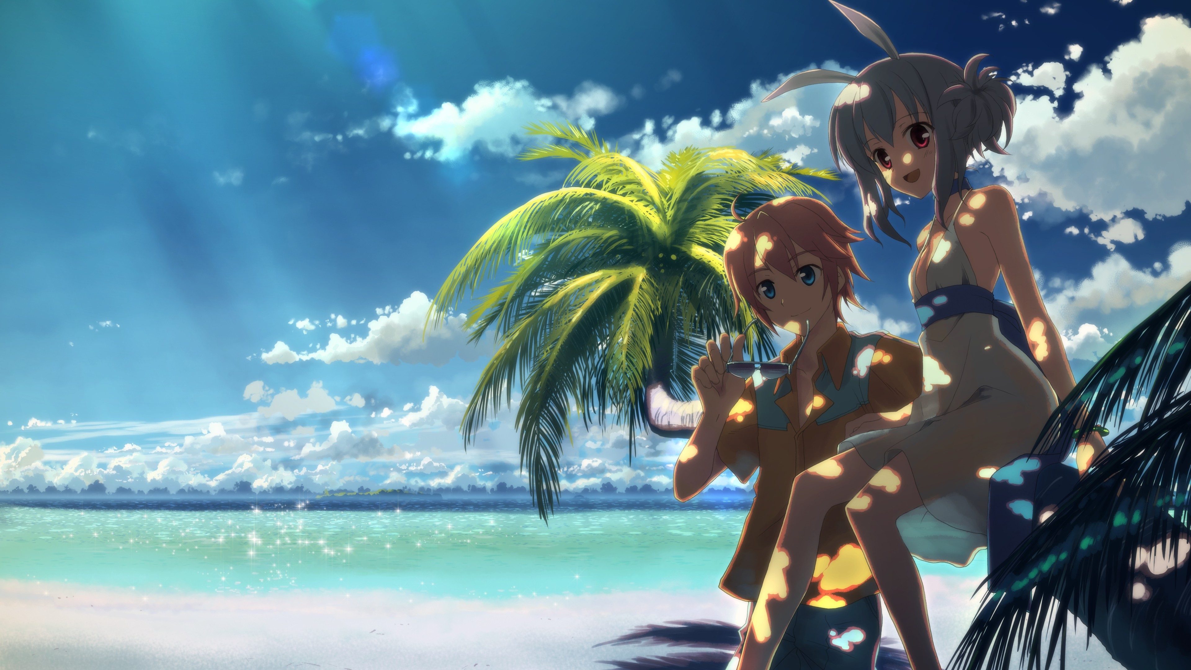 Anime DJ Max Beach Dappled Sunlight Anime Girls Palm Trees Clouds 3840x2160