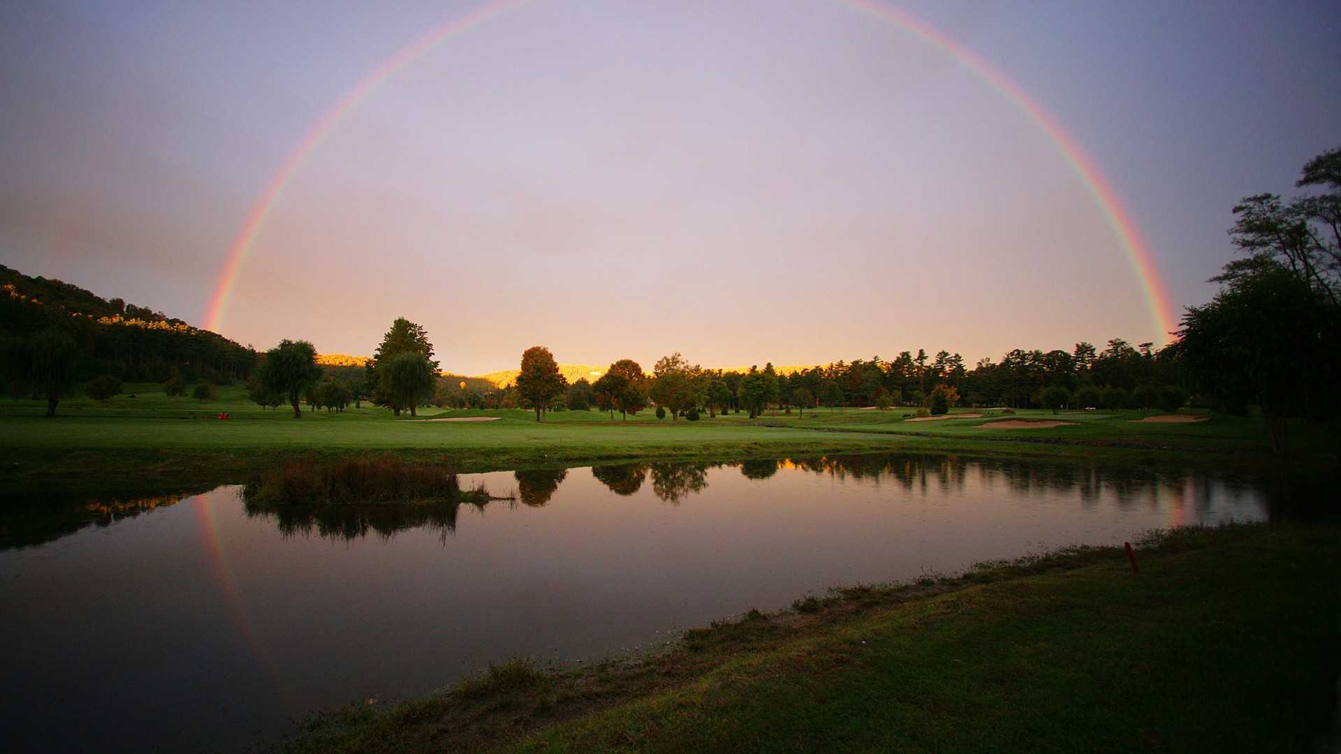 Landscape Rainbows Pond Golf Course Reflection 1920x1080