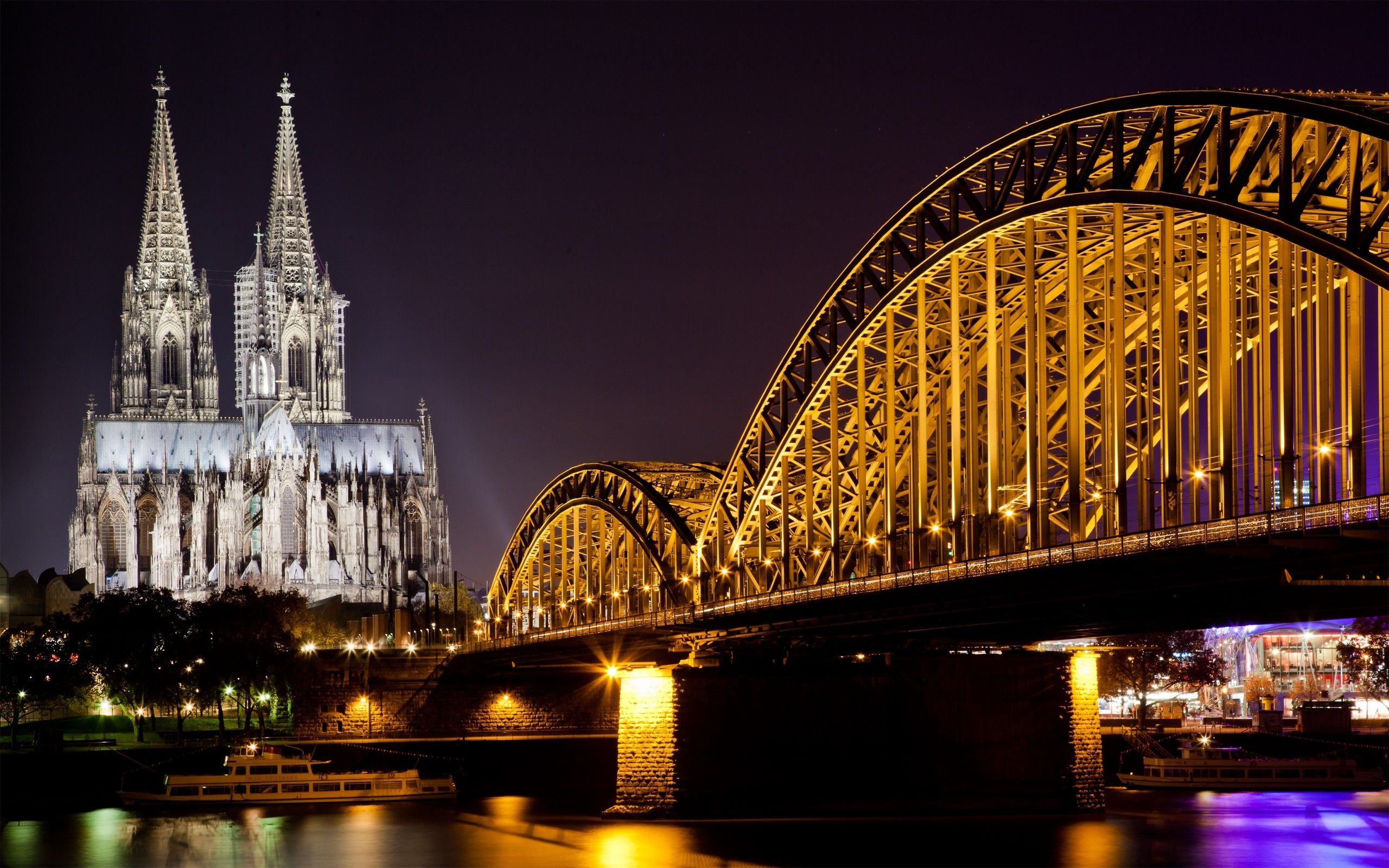 Photography Urban Lights Street Light Bridge Water River Church Architecture Cologne Cologne Cathedr 2560x1600
