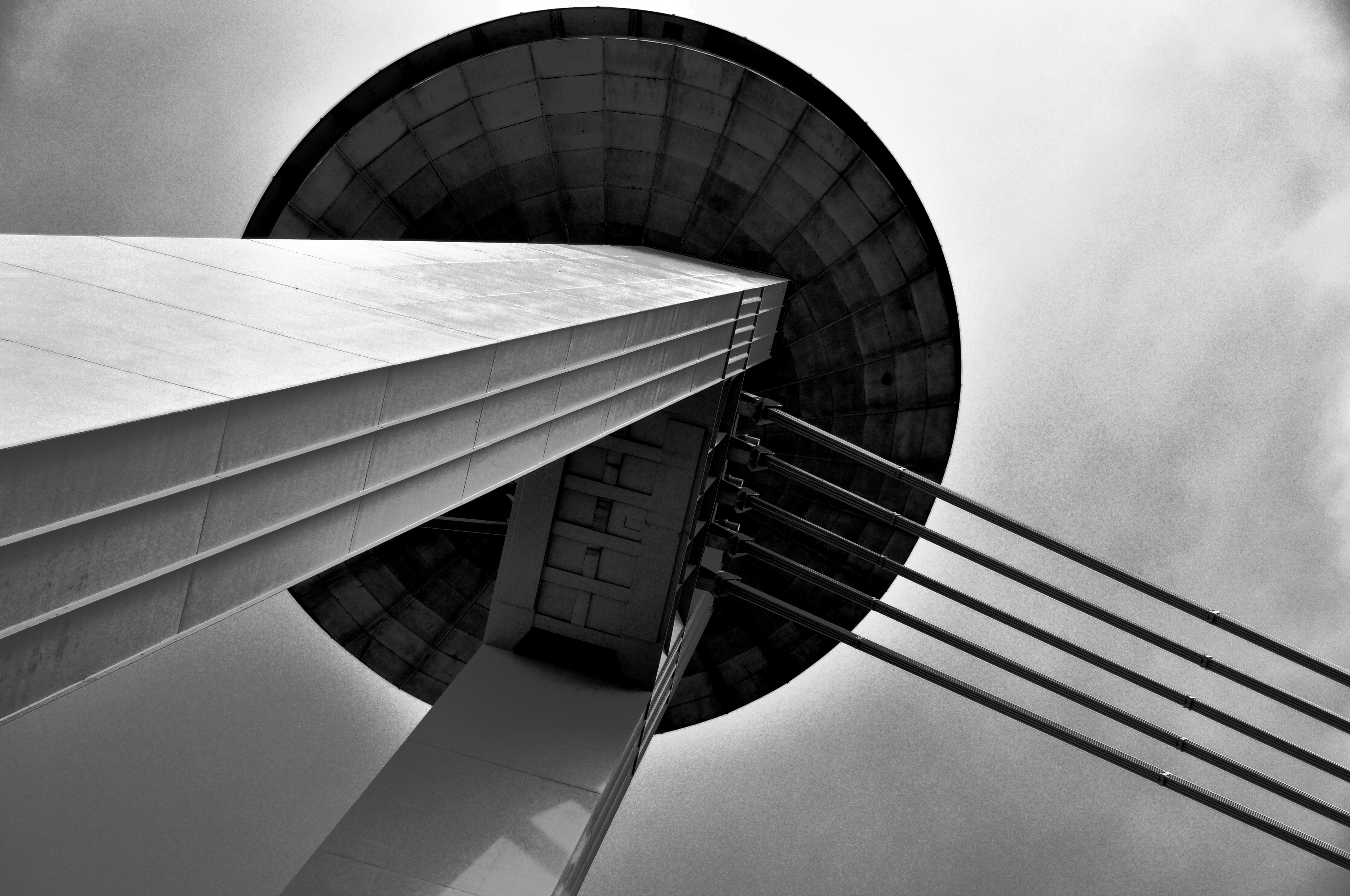 Architecture Bridge Bratislava Slovakia Monochrome Ropes UFO Sky Worms Eye View Bottom View 4288x2848