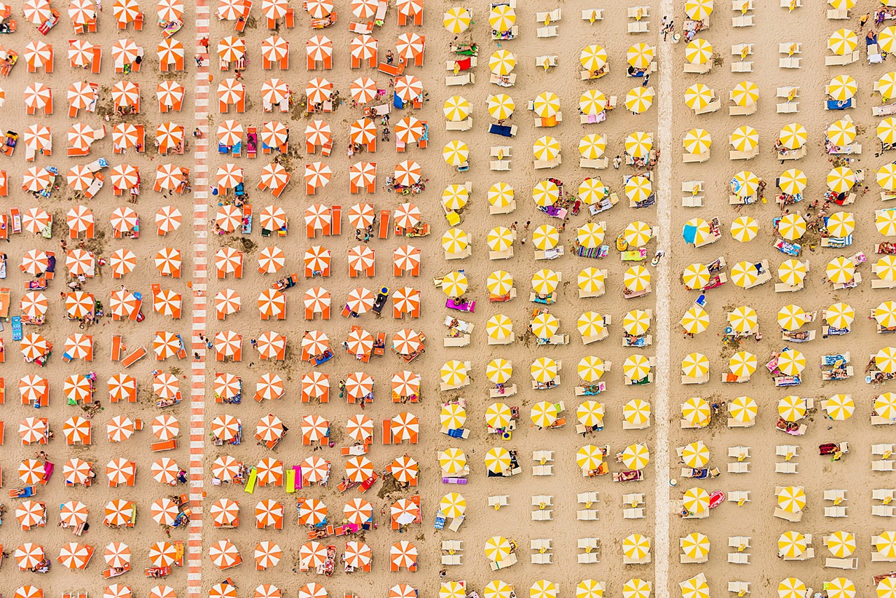 Nature Beach Sand Holiday Crowds Parasol Lines Deck Chairs Aerial View People Birds Eye View Italy 1280x854