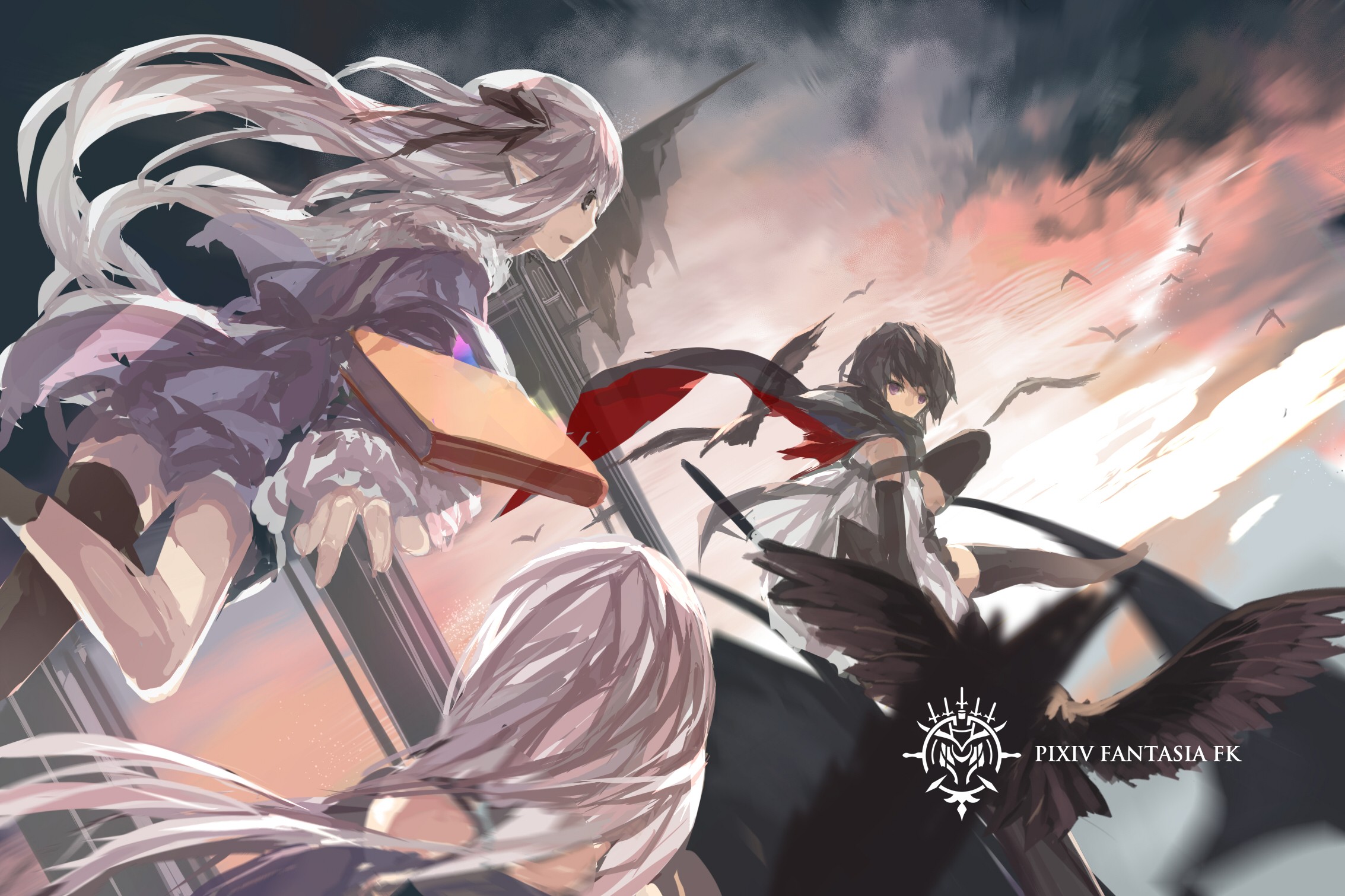 Swd3e2 Anime Girls Pixiv Fantasia Paradise Pffk Black Hair White Hair Long Hair Original Characters 2267x1511