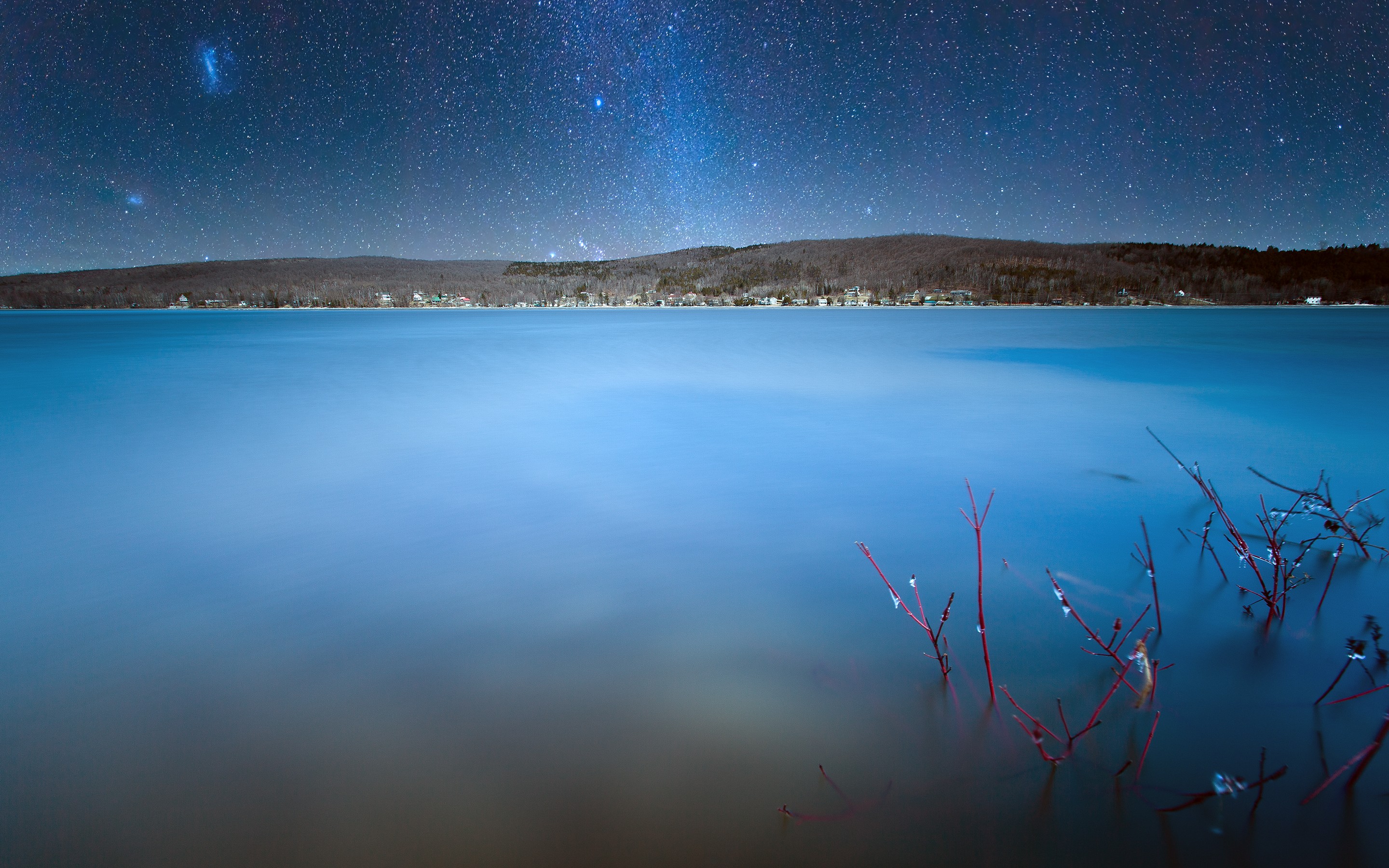 Nature Landscape Water Quebec Canada Lake Hills House Stars Night Blue Long Exposure 2880x1800