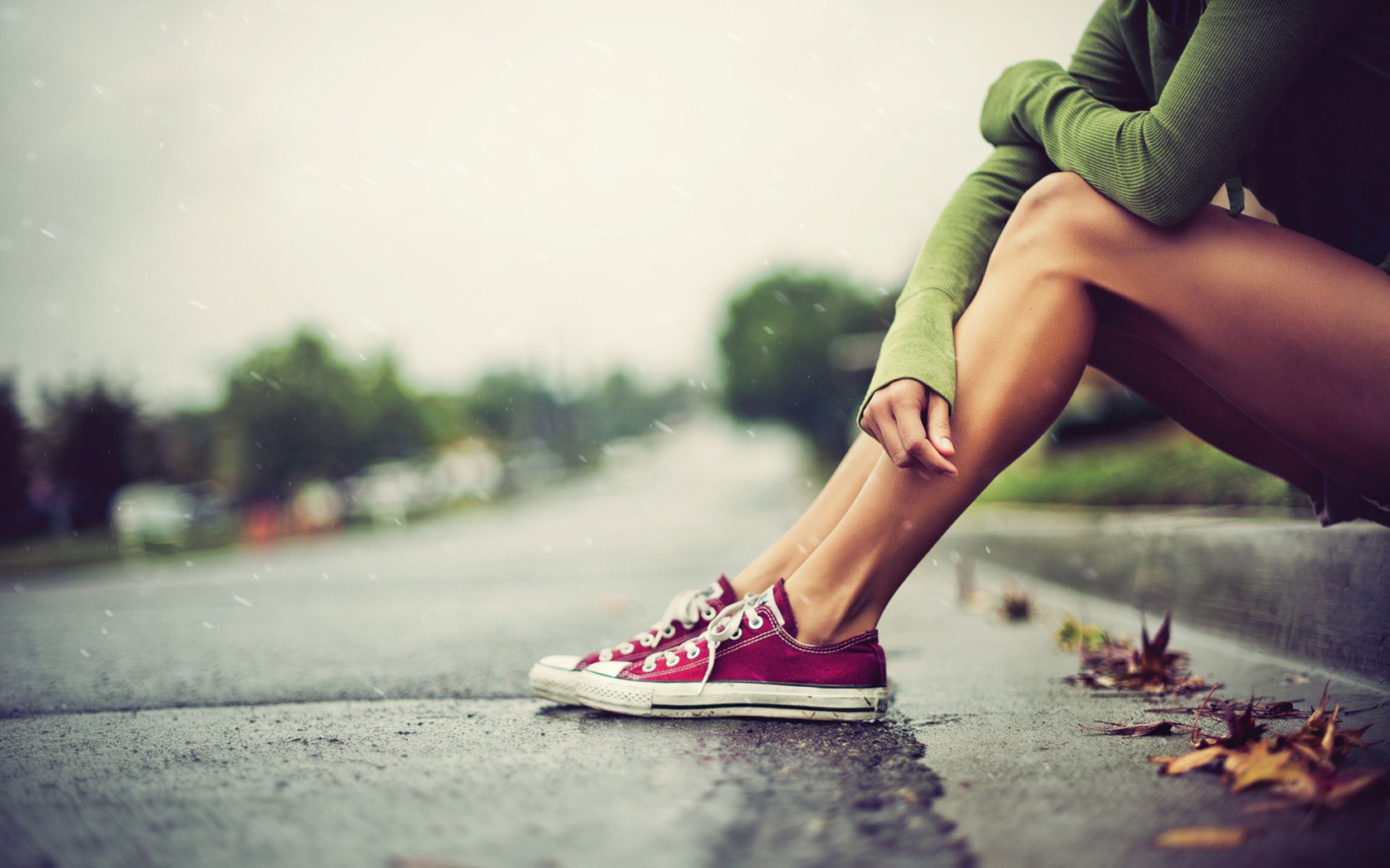 Women Converse Legs Alone Pavements Rain Women Outdoors Sitting Green Clothing Wet Street Asphalt So 1680x1050