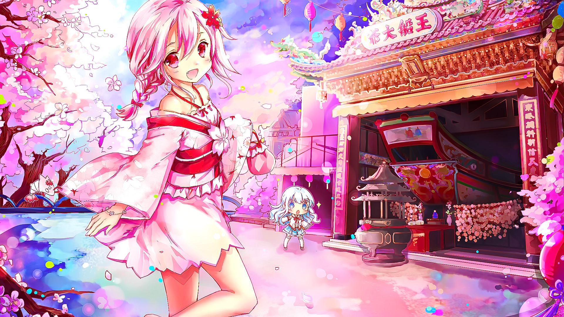 Anime Anime Girls Looking At Viewer Smiling Open Mouth Cherry Blossom Xuan Ying Japanese Clothes Pin 1920x1080