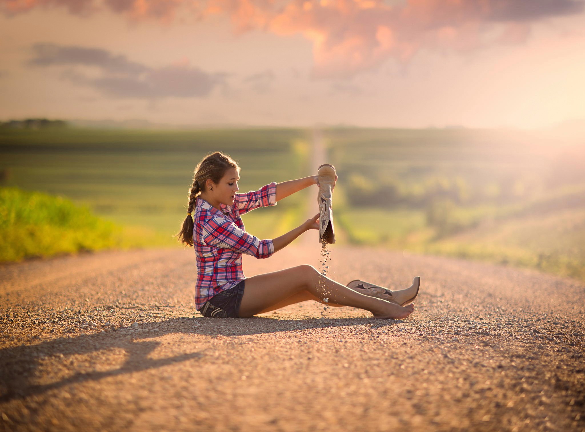 Women Outdoors Brunette Jake Olson Barefoot Boots Plaid Braids Sunlight Road Plaid Shirt 2048x1514