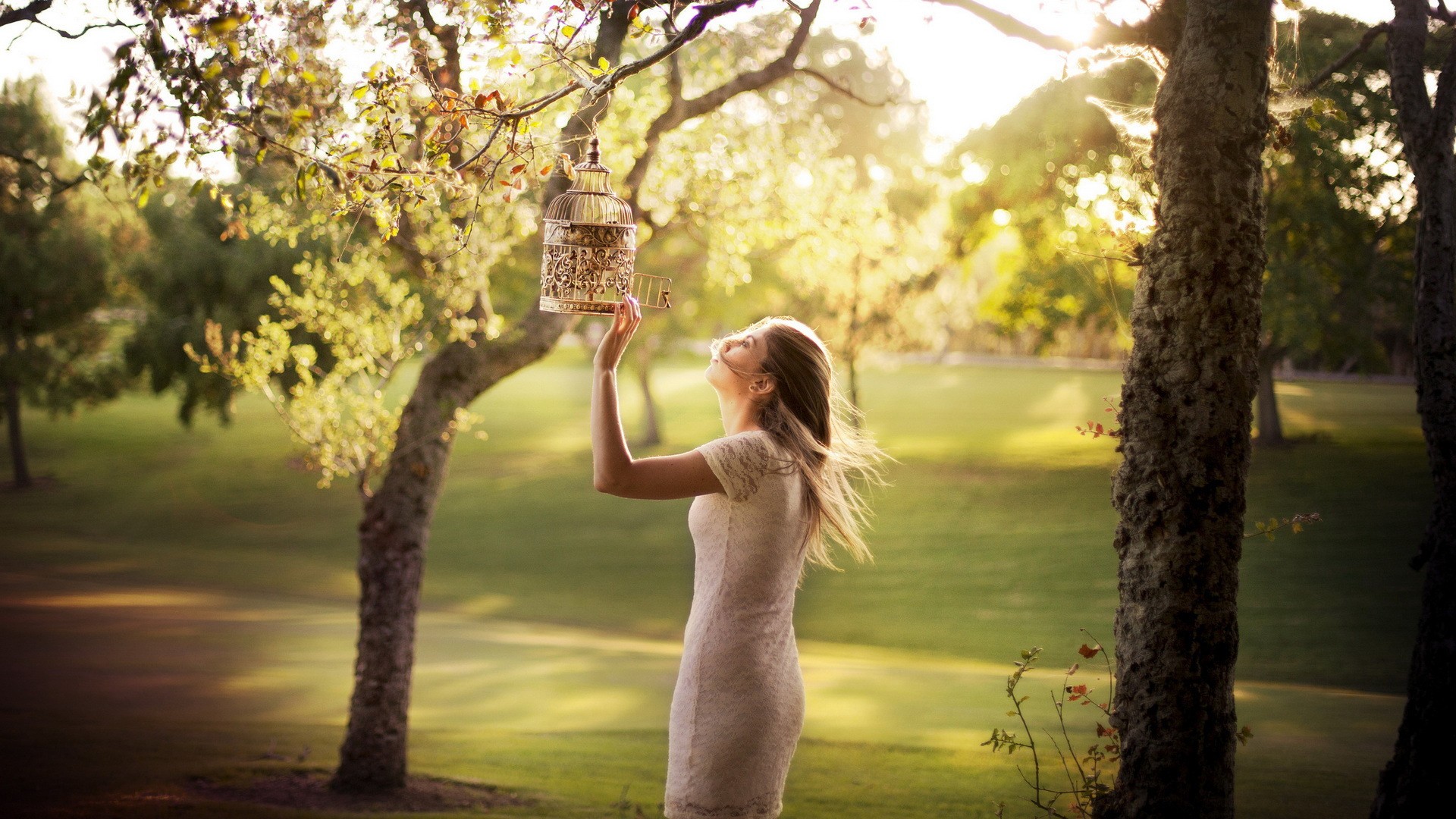 Nature White Dress White Clothing Dress Blonde Women Outdoors Trees Birdcage Depth Of Field 1920x1080