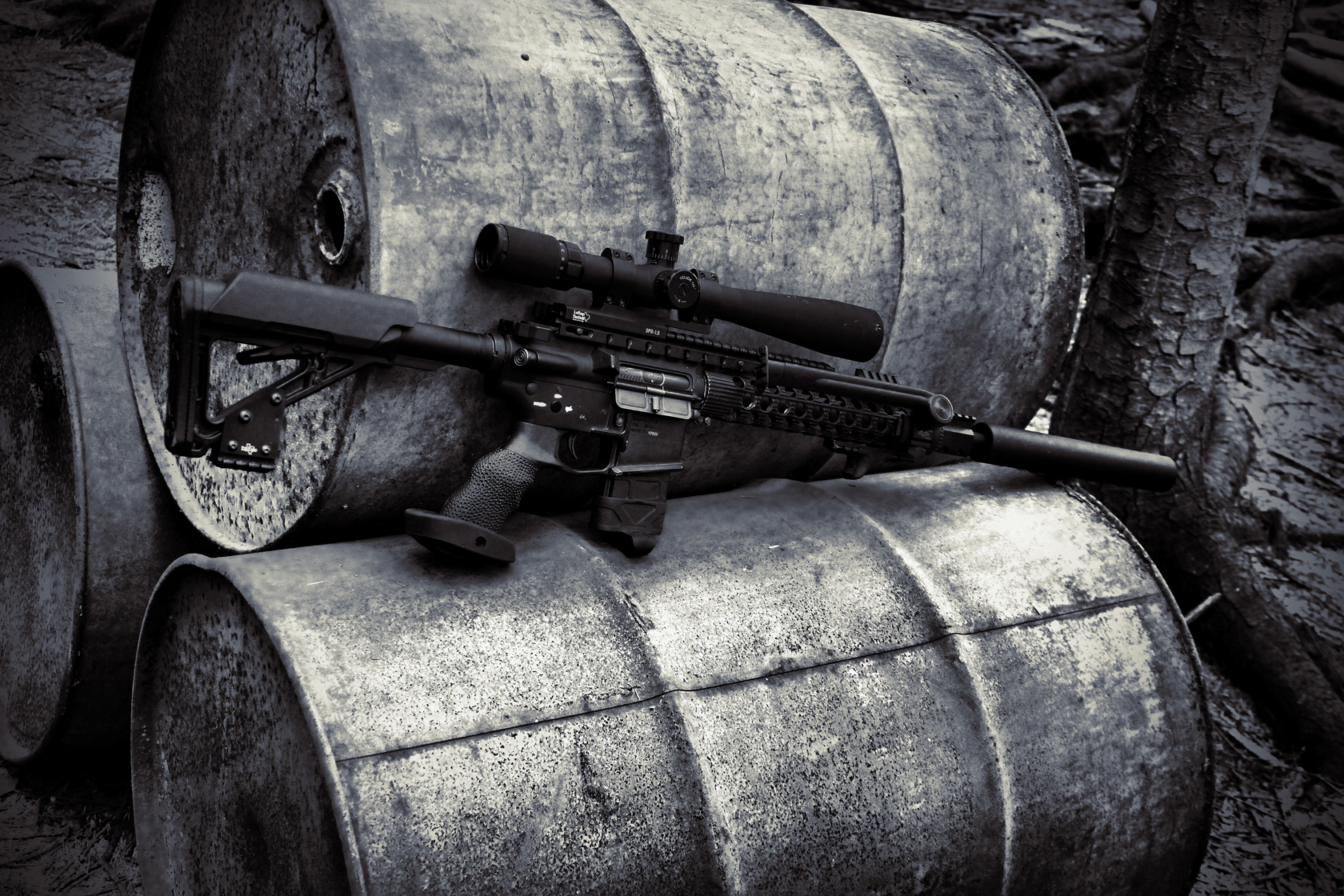 Gun Sniper Rifle AR 15 Suppressors Scopes Barrels Monochrome Weapon Rifles Gray 1680x1120