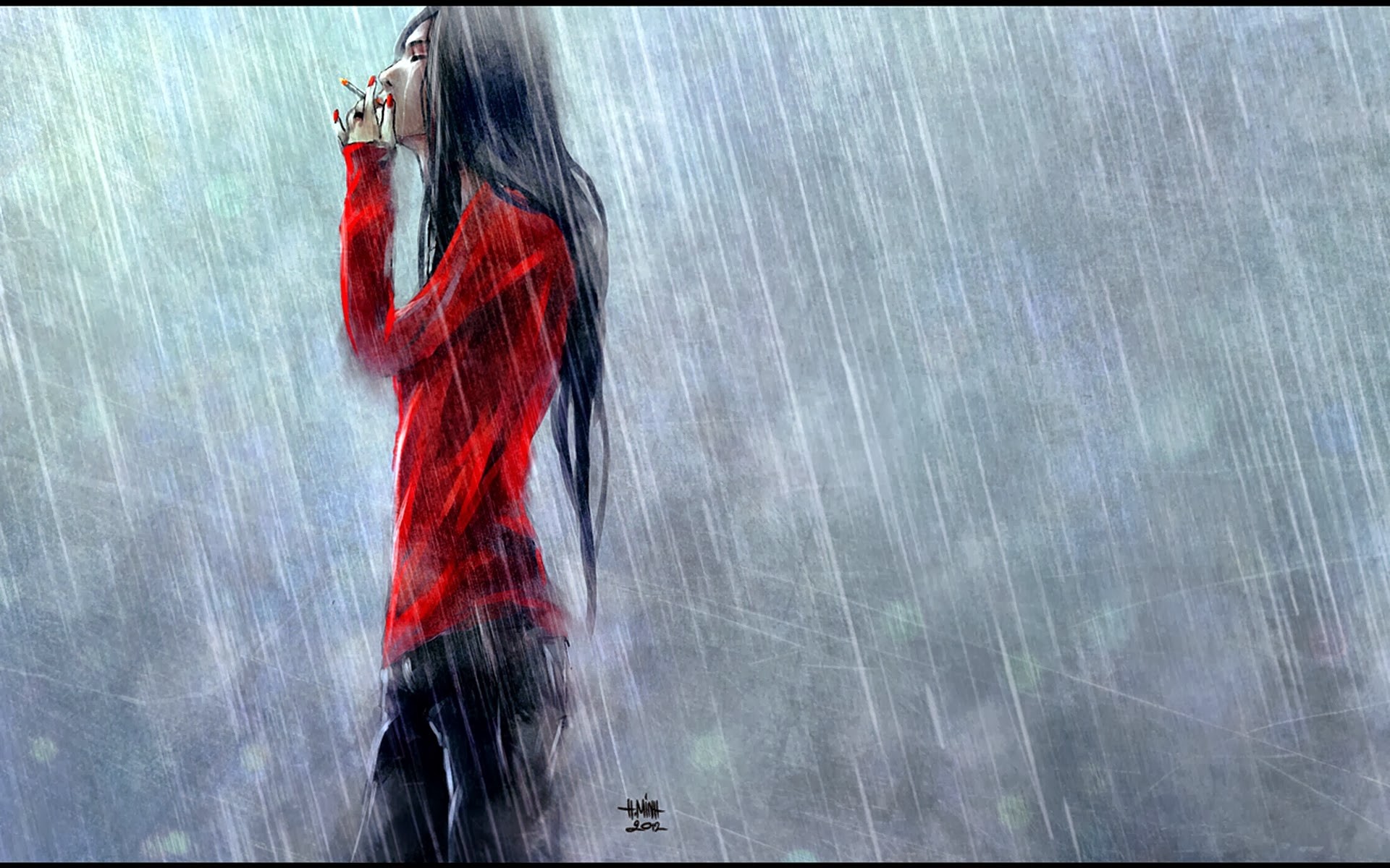 Artwork Rain Smoking NanFe Red Dress Women Painted Nails Cigarettes 1920x1200