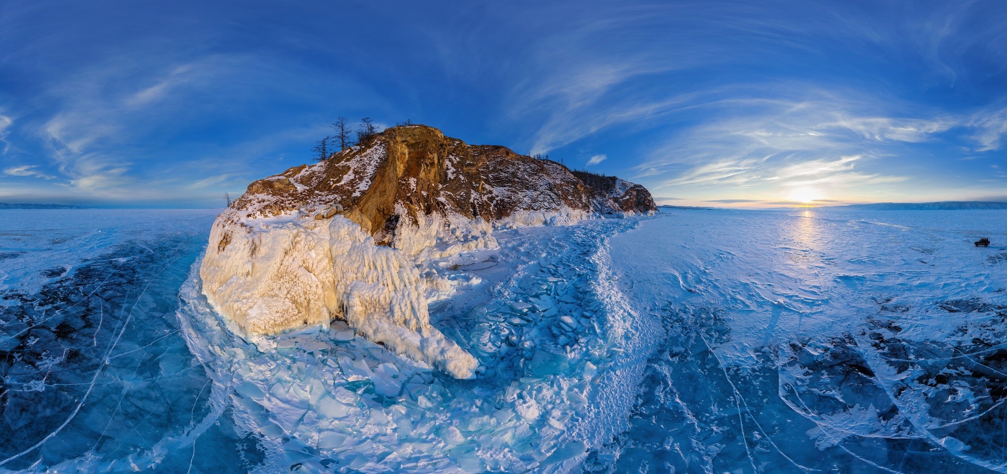 Lake Baikal Winter Ice Frost Lake Clouds Island Sunset Panoramas Trees Jeep Nature Landscape 2048x965