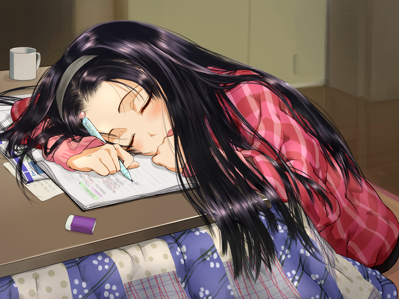 Studying Sleeping Dark Hair Anime Girls 1400x1050