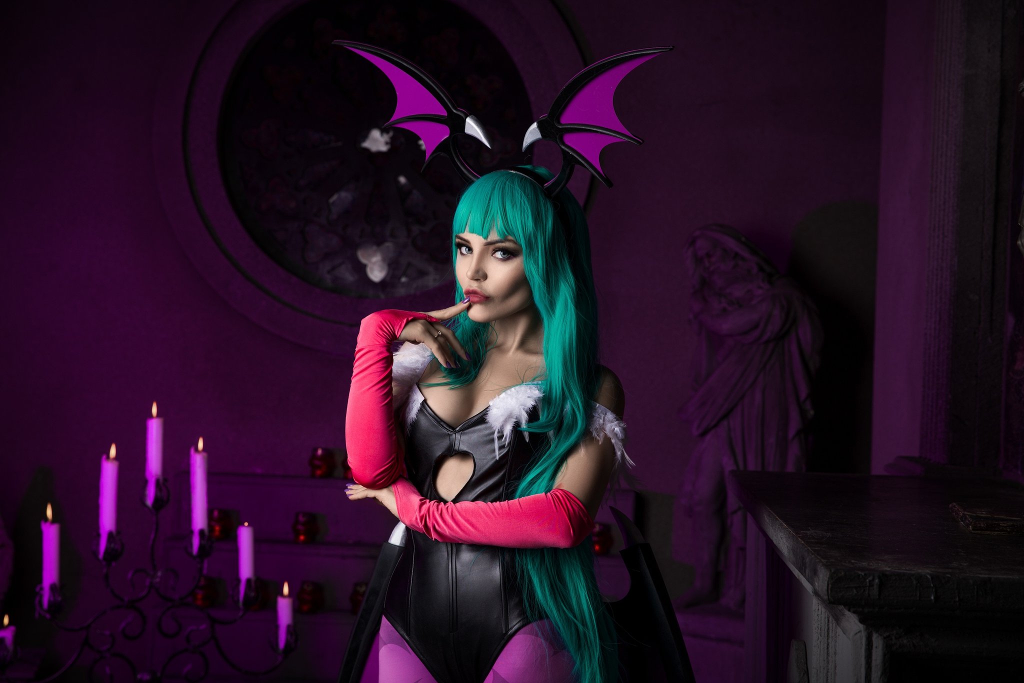 Women Model 500px Cosplay Blue Hair Wig Candles Elbow Gloves Bats Morrigan Aensland 2048x1366