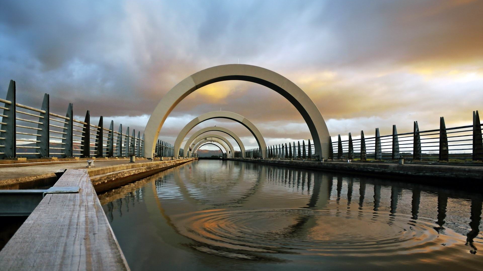 Architecture Water Canal Wheels Falkirk Wheel Scotland UK Reflection Fence Clouds Arch Ripples 1920x1080