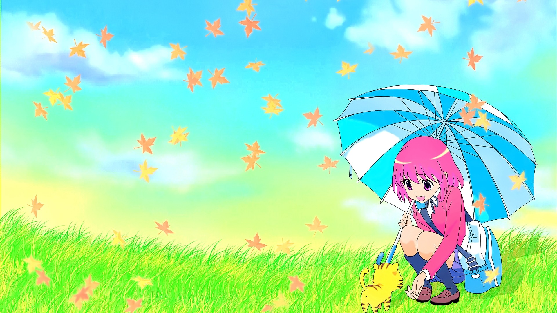 Anime Anime Girls Pink Hair Short Hair Pink Eyes Umbrella Open Mouth School Uniform Smiling Fall Loo 1920x1080