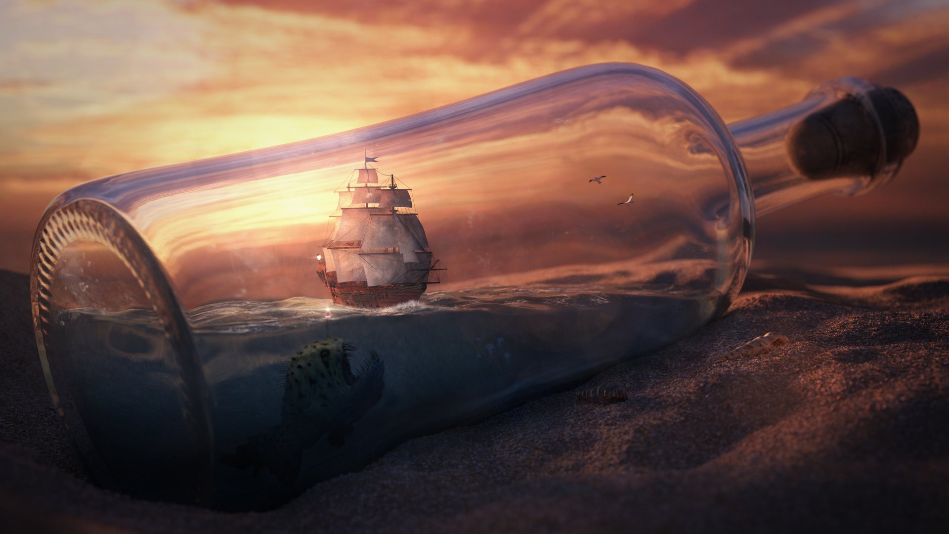 Ship Ship Sailing Ship Bottles Fantasy Art Digital Art Ship In A Bottle 1920x1080