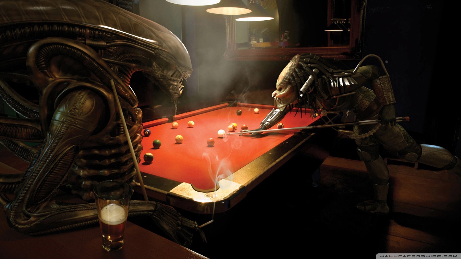 Aliens 3D Predator Movie Pool Table Bar Billiards Billiard Balls Beer Predator Creature Xenomorph 1920x1080