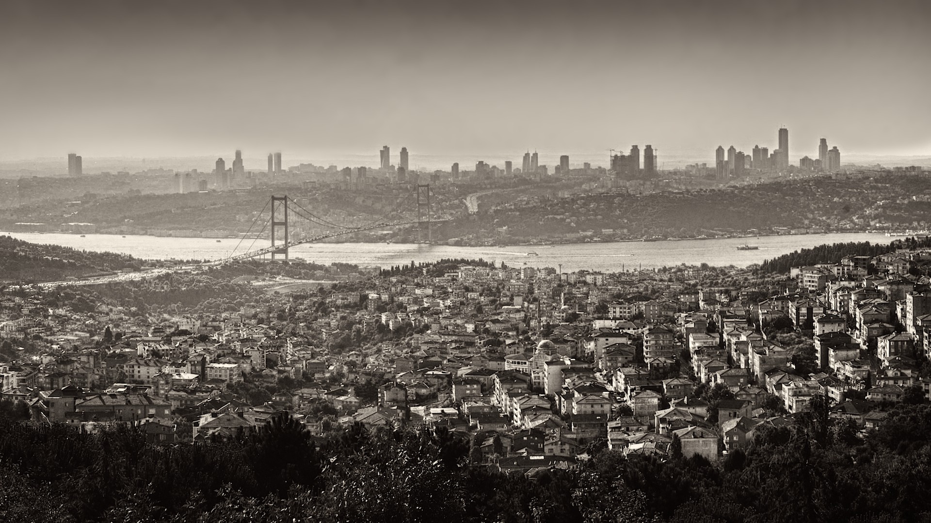Istanbul Turkey Monochrome Cityscape Bridge Bosphorus 1920x1080