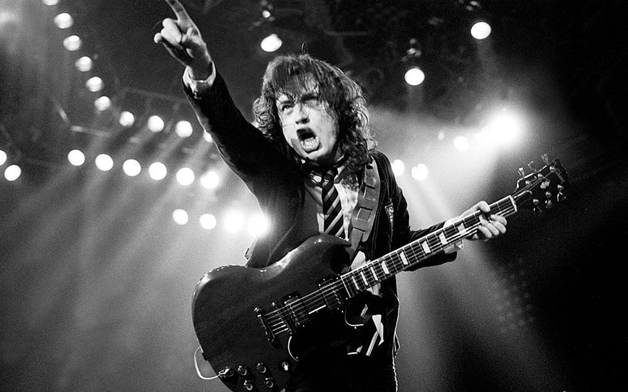 AC DC Angus Young Monochrome Rock Roll Rock Bands Musical Instrument Open Mouth Guitar Tie 1280x800