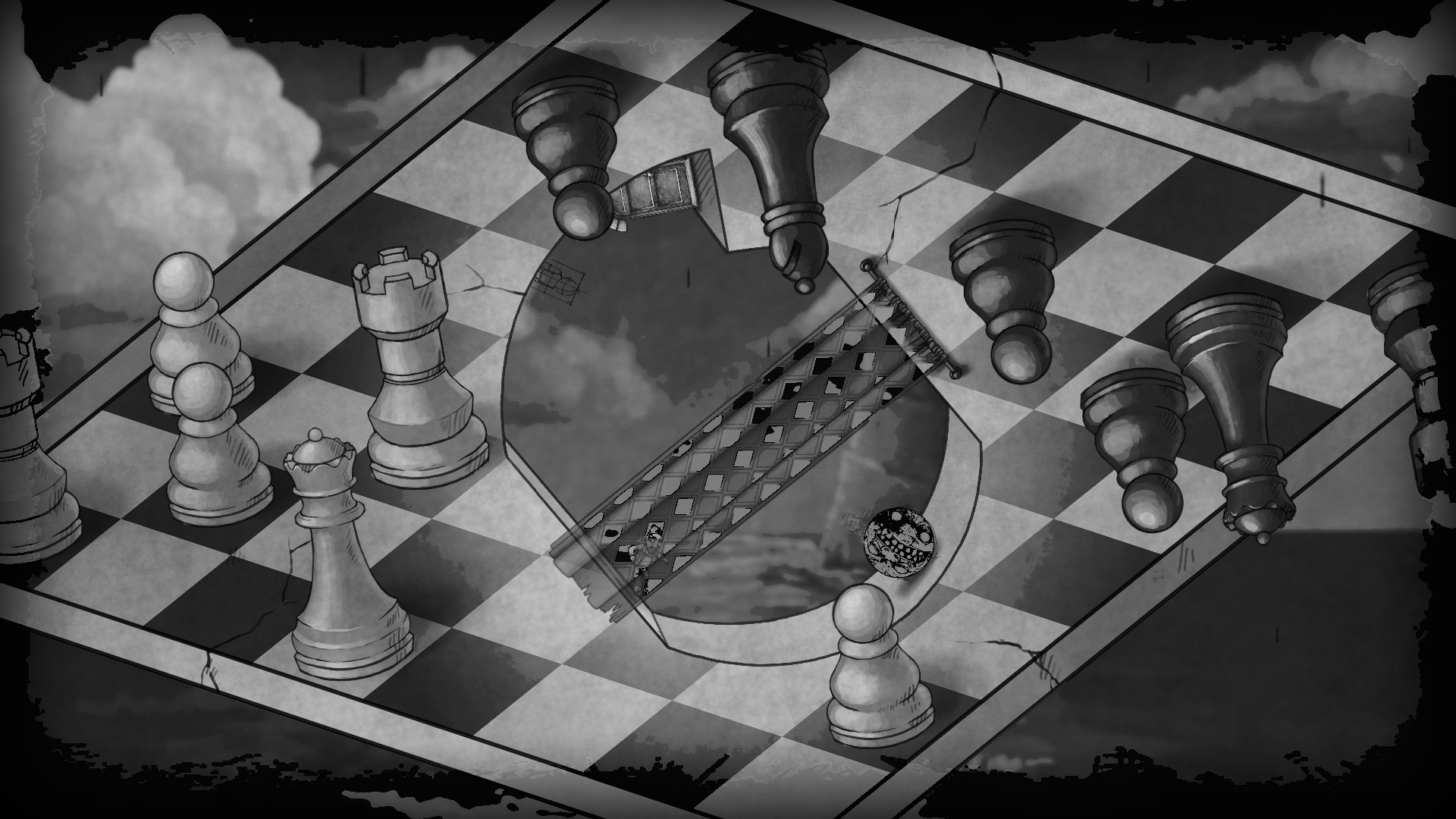 Optical Illusion Monochrome Chess Board Games Pawns Curtains Drawing Artwork Clouds 1920x1080