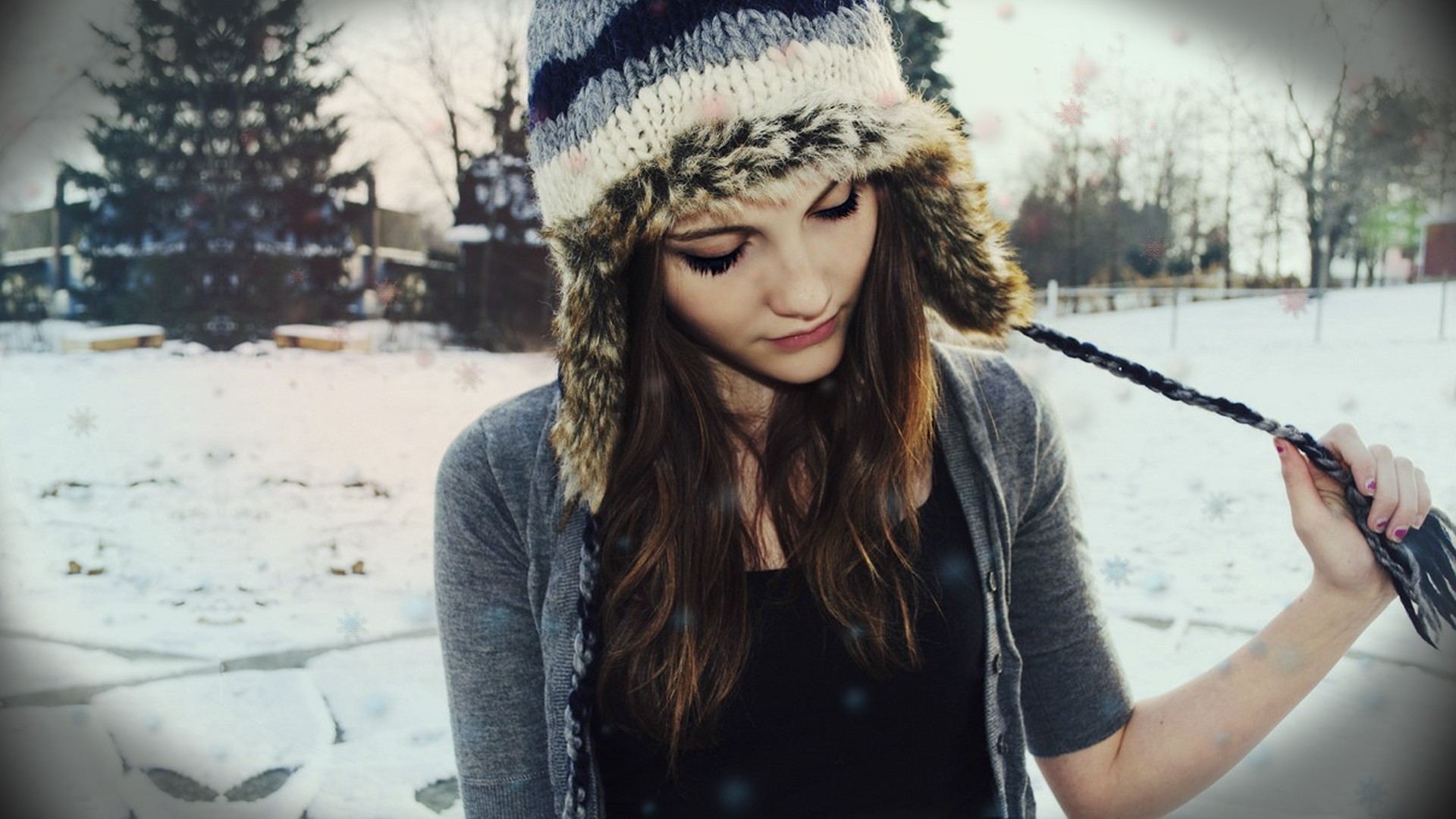 Women Brunette Knit Hat Winter Snow Face Hat Model 1920x1080