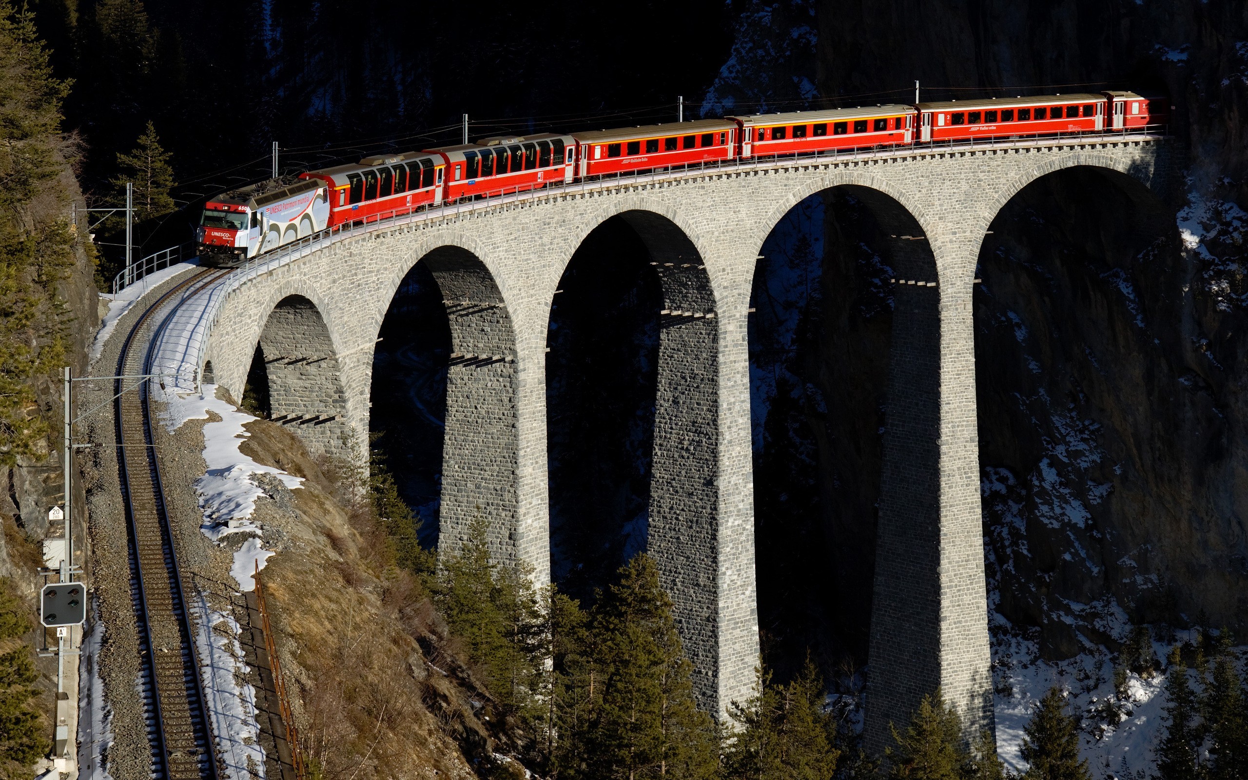 Train Railway Bridge Switzerland Nature Trees Mountains Winter Snow Arch Hills Forest Landwasser Via 2560x1600