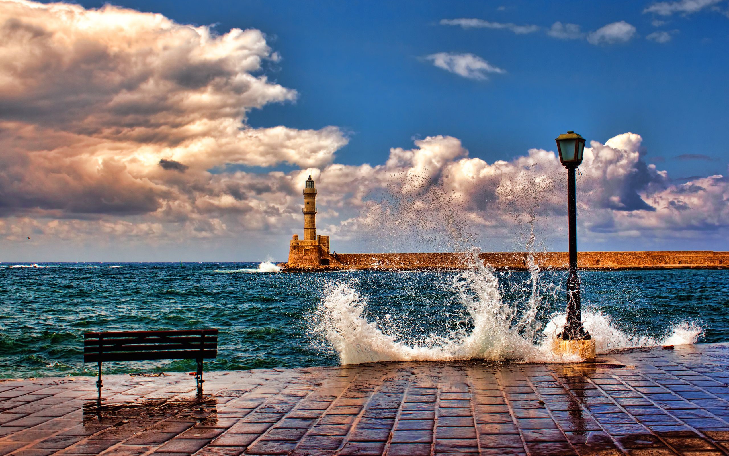 Nature Architecture Landscape Clouds Horizon Crete Greece Lighthouse Sea Waves Lamp Bench Coast Lant 2560x1600