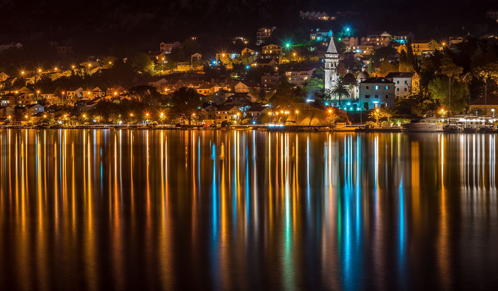 Cityscape Night Lights Building Reflection Water Church Trees Montenegro Town Yachts 2047x1196