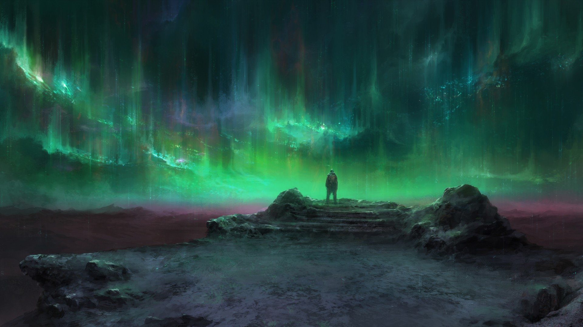 Aurorae Green Landscape Fantasy Art Chris Cold Cliff 1920x1080