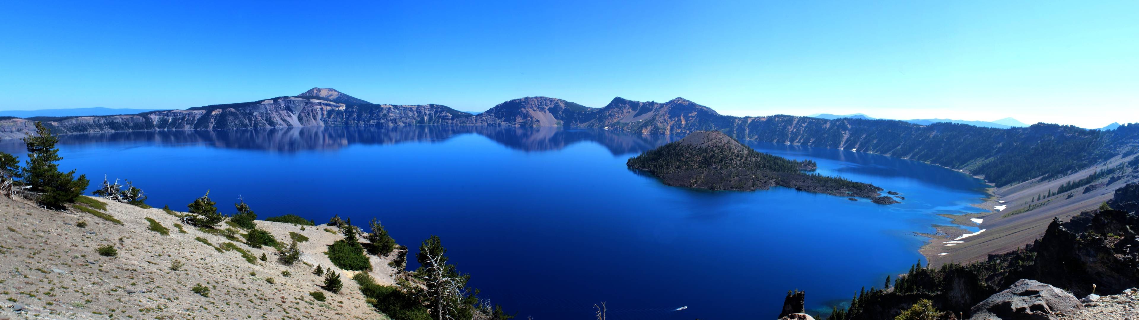 Landscape Lake Crater Lake Mountains Multiple Display 3840x1080