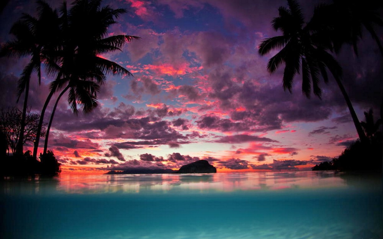 Landscape Nature Tahiti Sunset Palm Trees Island Beach Sea Tropical Sky Clouds Turquoise Water 1230x768