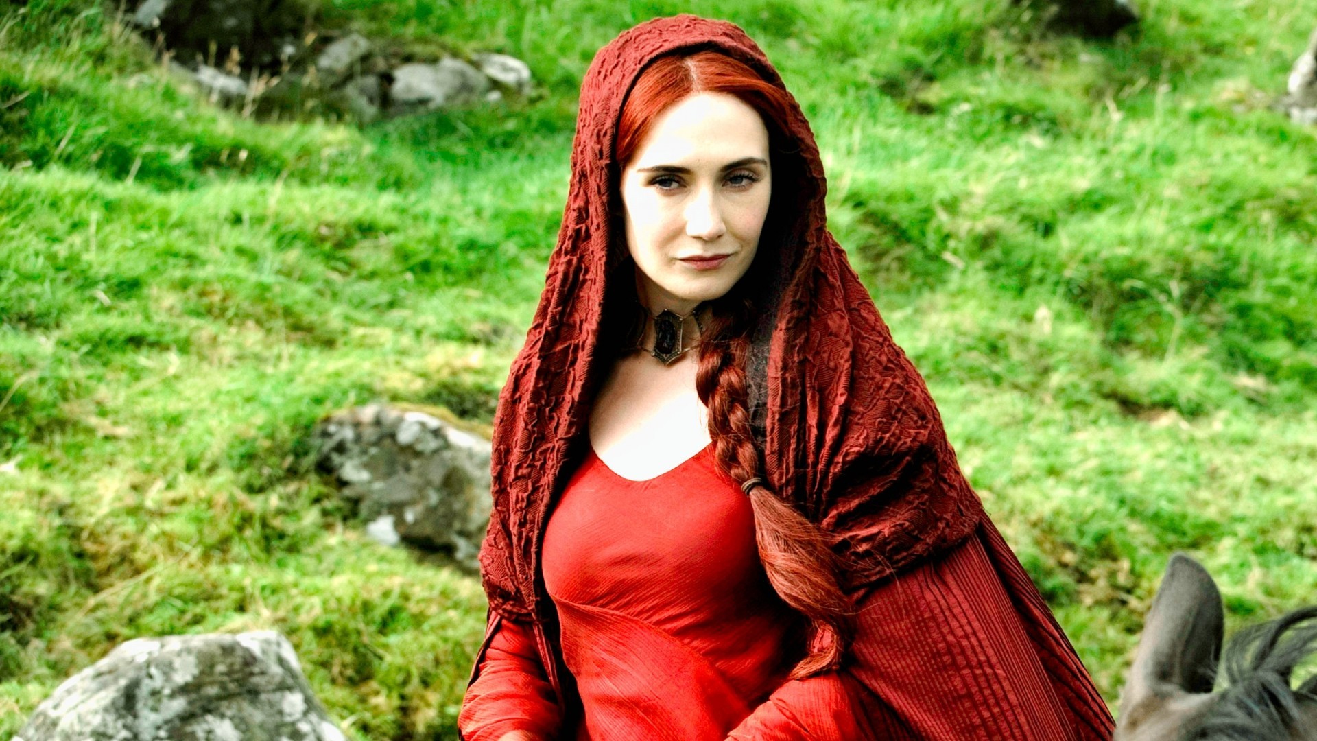 Game Of Thrones Melisandre Carice Van Houten TV HBO Hoods Red Dress Cloaks Women Dutch 1920x1080