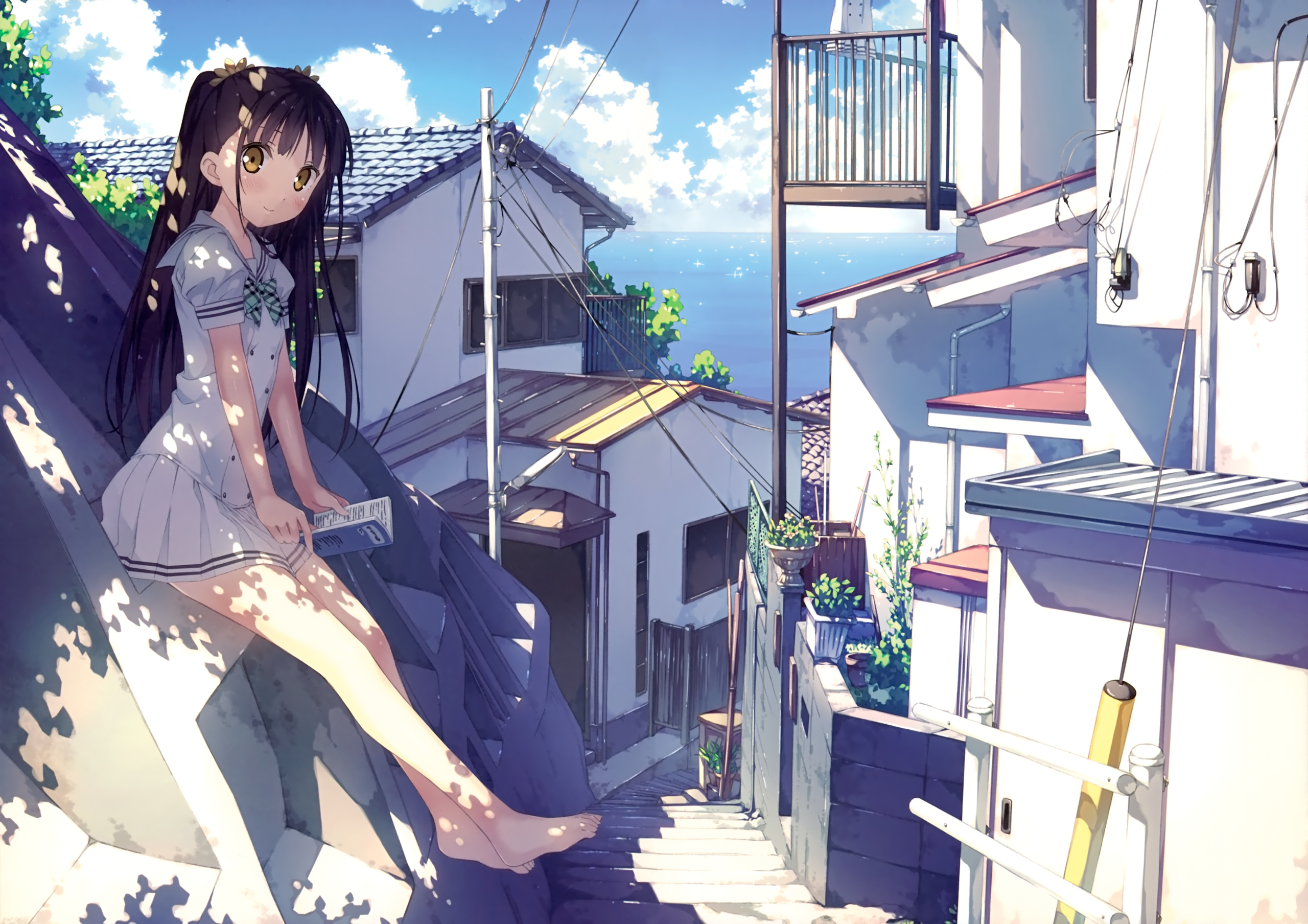 Anime Anime Girls Sea Village Sitting Reading Skirt School Uniform Kantoku Nagisa Kantoku Afterschoo 2560x1808