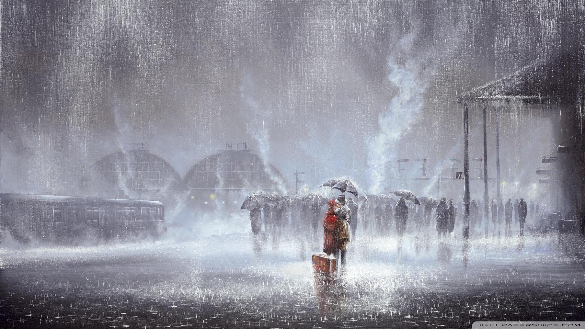 Painting Rain Train Station Kissing Railway Station 2048x1152