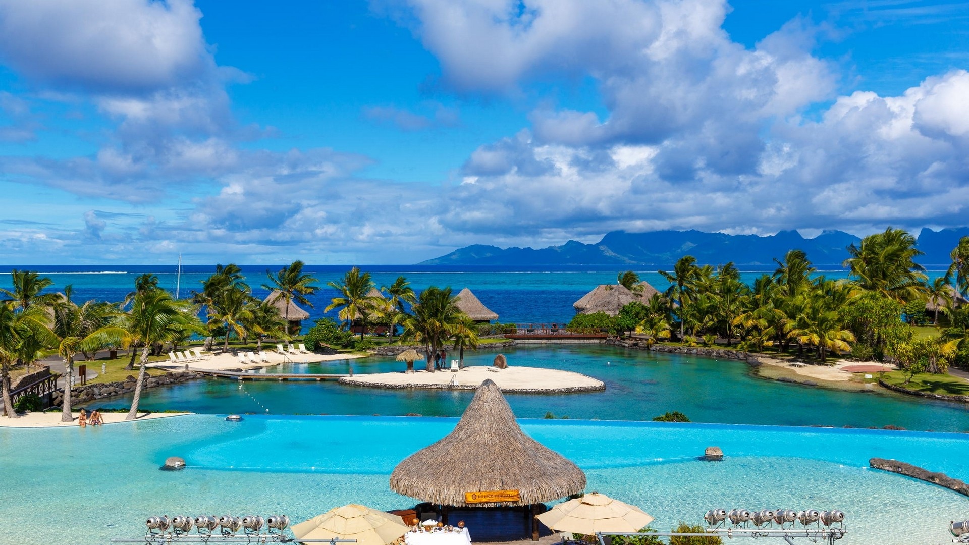 Landscape Nature Tropical Resort Tahiti French Polynesia Sea Beach Swimming Pool Palm Trees Island M 1920x1080