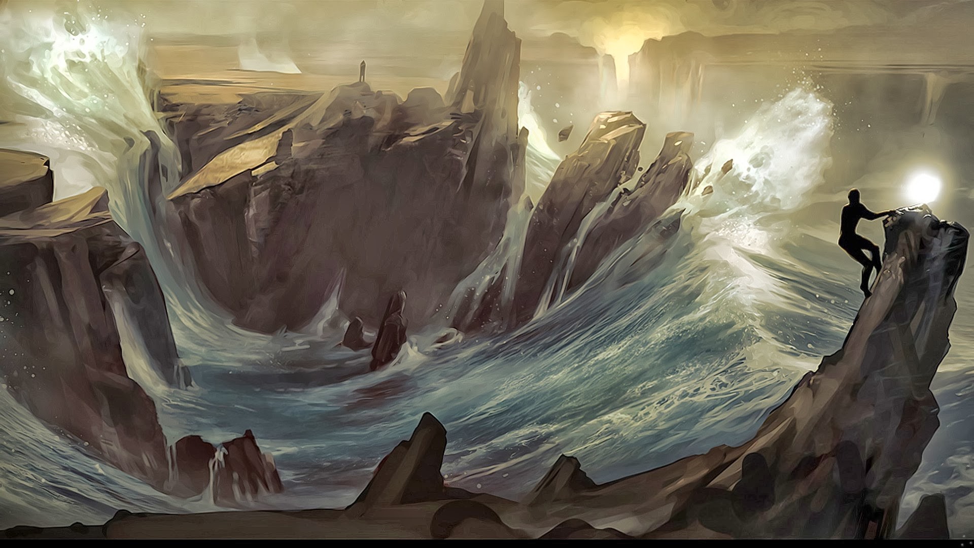 From Dust Fantasy Art Waves Landscape Rock 1920x1080