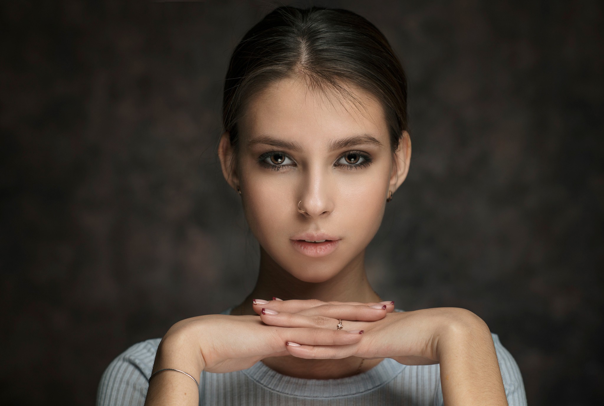 Women Face Portrait Elena Aksenova Nose Rings Maxim Maximov Brunette Eyeliner 2048x1376