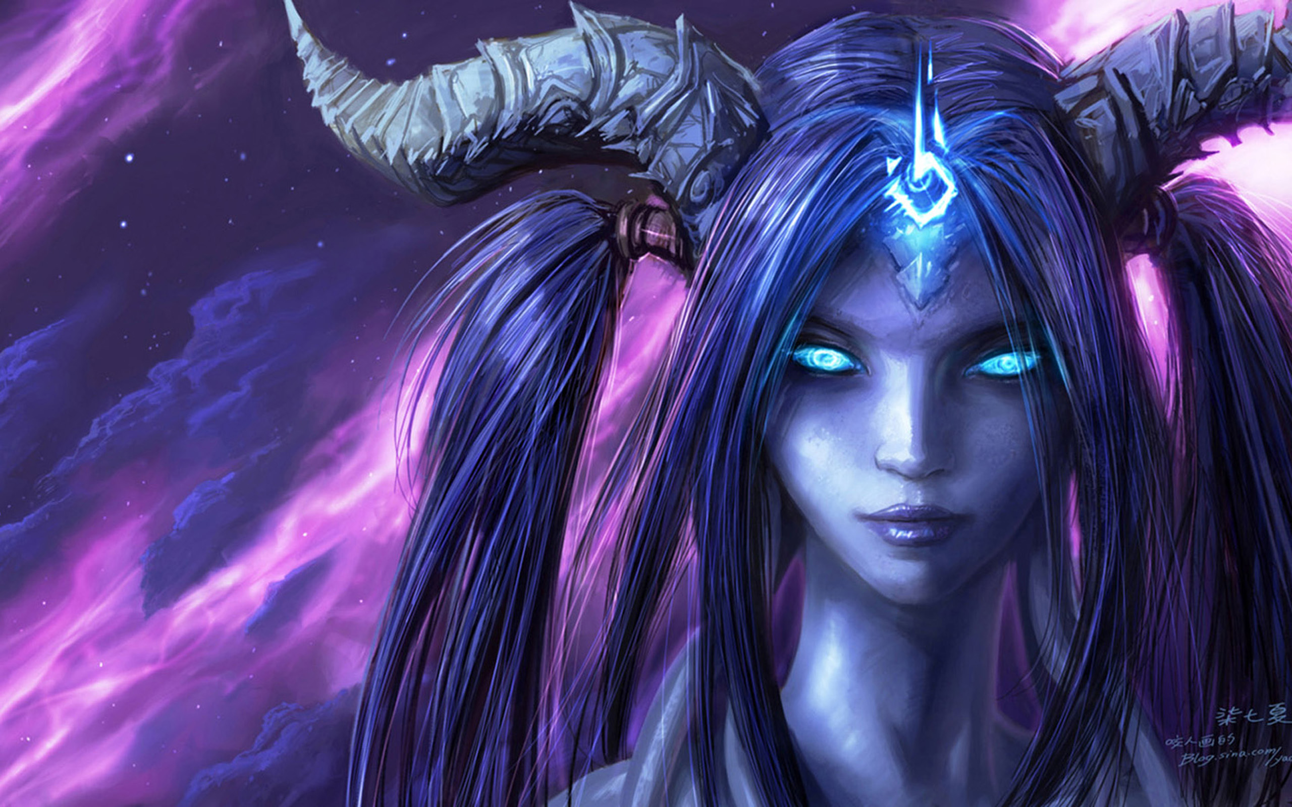 World Of Warcraft Fantasy Woman Girl Demon Horns Draenei World Of Warcraft Blue Eyes Face 2560x1600