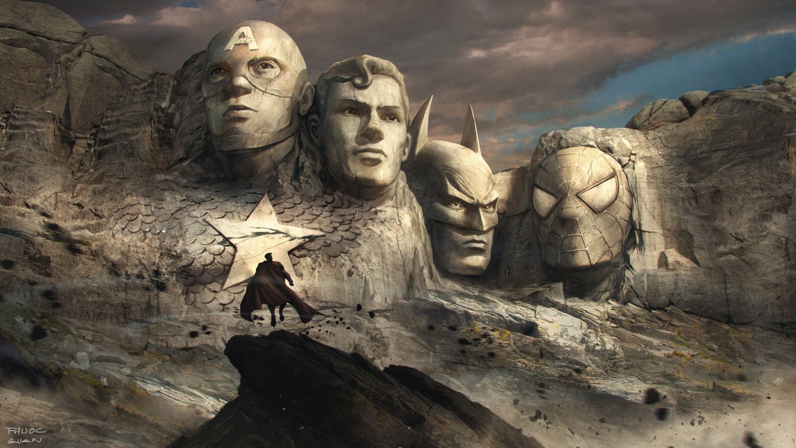 Superhero Artwork Mountains Mount Rushmore Superman Batman Captain America Spider Man Sculpture Rock 1600x900