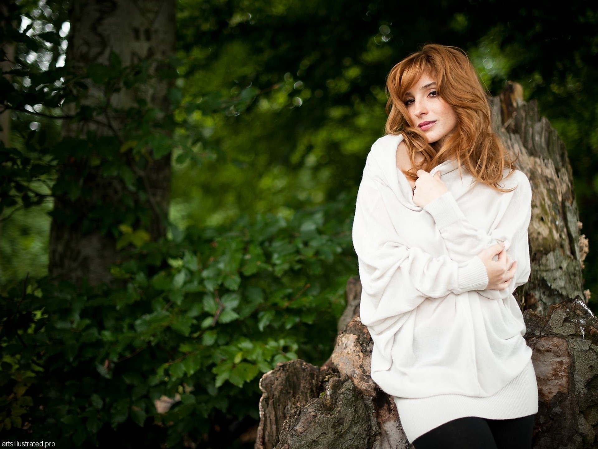 Women Actress Redhead Vica Kerekes Brown Eyes Freckles Sweater Women Outdoors Trees 1920x1440