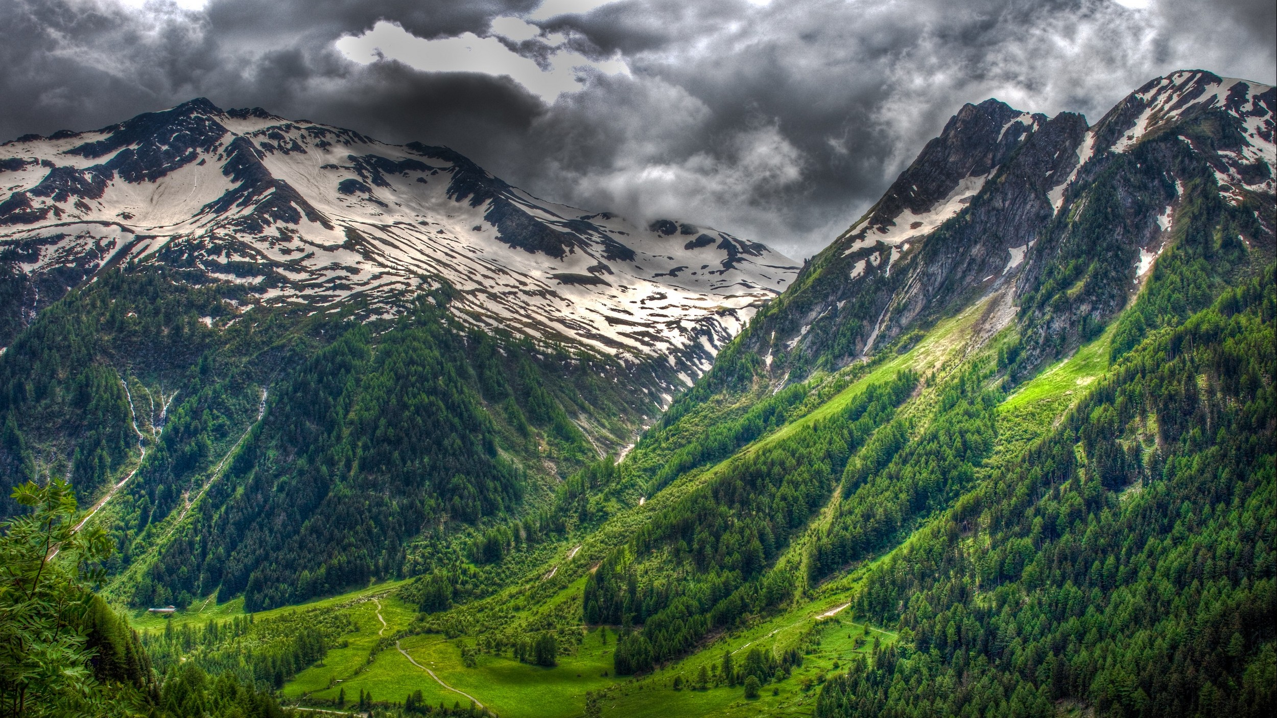 Nature Landscape Forest Snowy Peak Clouds Spring Swiss Alps Green 2500x1405