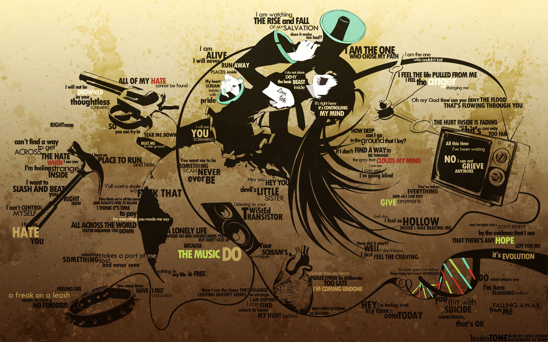 Digital Art Text Typography Artwork Anime Hatsune Miku Musical Instrument Korn Lyrics Long Hair Anim 1920x1200