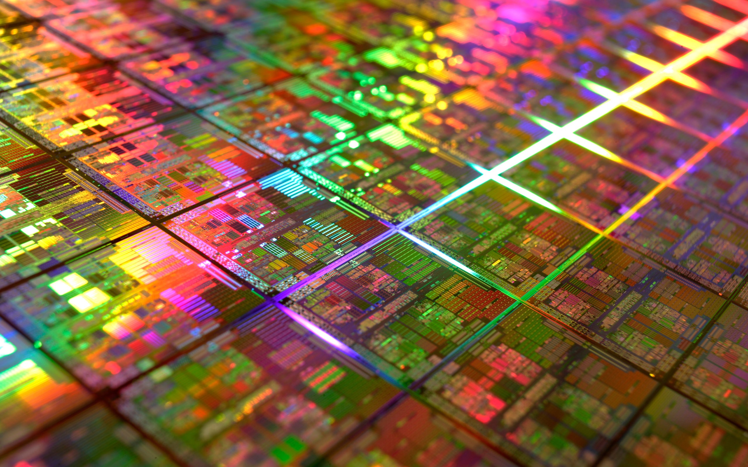 Circuits Wafer Silicon Colorful Microchip Technology Geometry IT CPU Photography 2560x1600