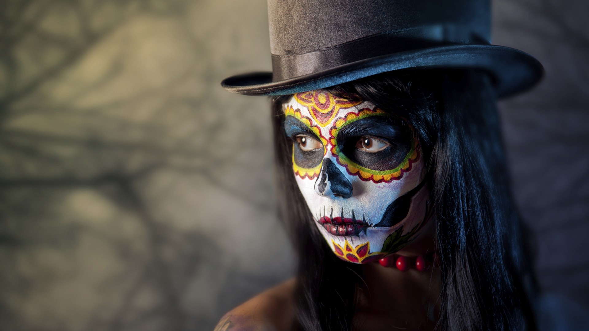 Artwork Photography Sugar Skull Top Hat Closeup Voodoo Women Face Dia De Los Muertos 1920x1080